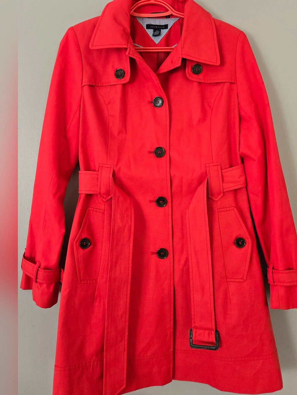 Women Tommy Hilfiger Trench Coat Red Belted Rain Jacket Size M